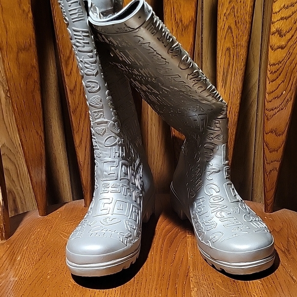 Coach Shoes - COACH Silver Embossed Rain Boots